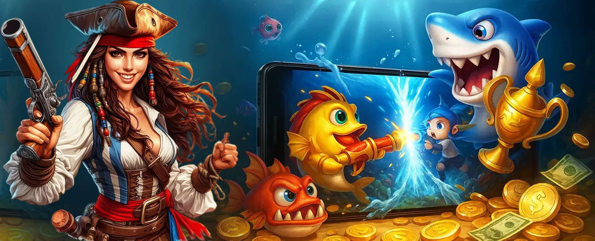 Hero image featuring a sea nymph and online gaming elements